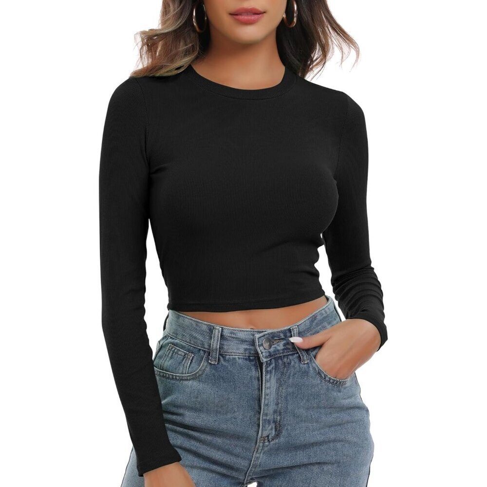 Women's Ribbed Knit Crop Top Long Sleeve Crew Neck Slim Fit Casual